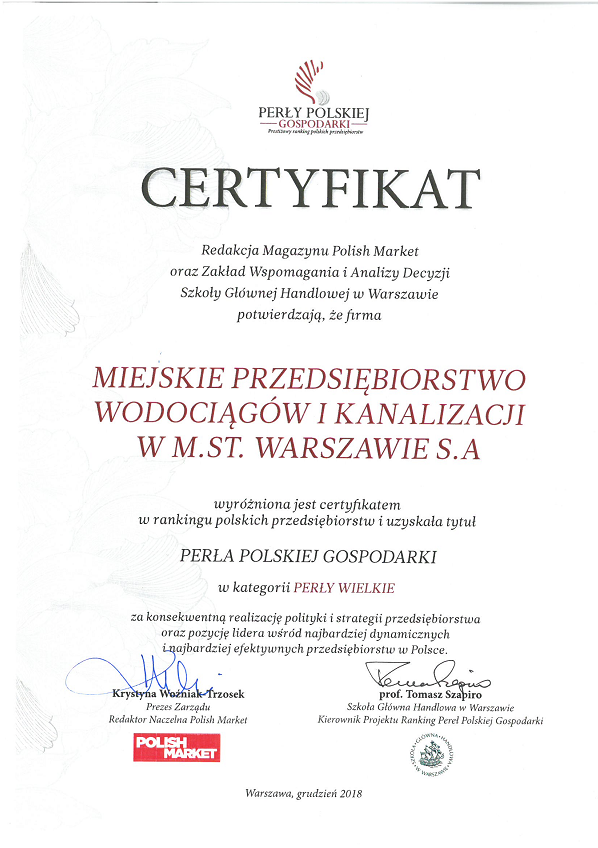 Certyfikat dla MPWiK w rankingu Perła Polskiej Gospodarki