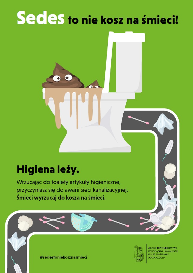 infografika akcji sedes to nie kosz na śmieci - rysunek środków higieny zalegajacych w rurze, nieczystości wydostające się z sedesu